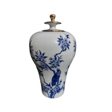 Imagem de Potiche Bojudo Maior Branco c Detalhe Azul e Dourado Formosa - LUXdeco