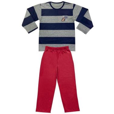 Imagem de Pijama Juvenil Look Jeans Longo Listrado Azul/Vermelho - AZUL - 6, 6, 