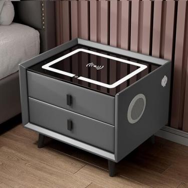Imagem de Mesa de cabeceira com 2 gavetas, mesa de cabeceira inteligente, mesa de cabeceira moderna com porta USB/estação de carregamento sem fio e luzes LED em 3 cores, 2 gavetas/cinza, 50 x 40 x 46 cm