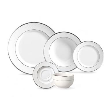 Imagem de Aparelho De Jantar 30 Peças Branco C/Filete de Prata o Detalhe em Relevo Cerâmica Feldspática Branca Romântico Luxuoso P/Mesa Posta Casa Nova