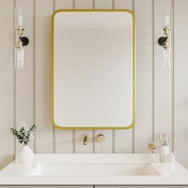 Imagem de AGDULL Armário de banheiro preto de madeira com espelho curvo de moldura de metal dourado escovado de 50 x 76 cm, armário de remédios embutido, armário de armazenamento de banheiro