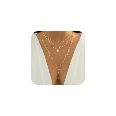 Imagem de Vcagirest Colar de gargantilha com franja de estrela, colar sexy em camadas, colar longo com borla para mulheres e meninas, Metal