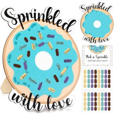 Imagem de Memorywuu Donut Sprinkle Baby Shower Guest Book Alternativas Decoração Polvilhada com Adesivo Sprinkle Assinatura Chá de Bebê Livro de Visitas Ele ou Ela Revelação de Gênero para Menina Menino (Azul)