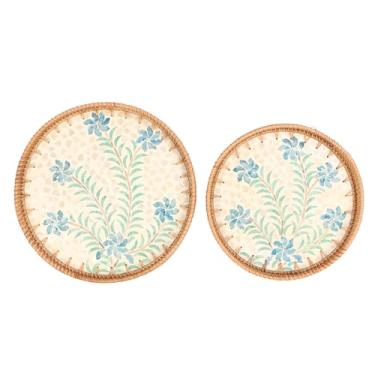 Imagem de Bandeja de servir lanches tecida Vomeko 2 peças, bandeja redonda de vime, bandeja de servir lanches, para decoração de mesa, armazenamento e exibição de café, pão, alimentos, (Padrão Cymbidium)