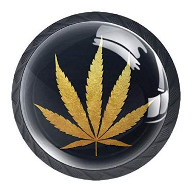 Imagem de Puxador de gaveta de silhueta de folha de cannabis com glitter dourado puxador de gaveta de armário redondo puxa puxadores de armário com parafusos, 4 peças