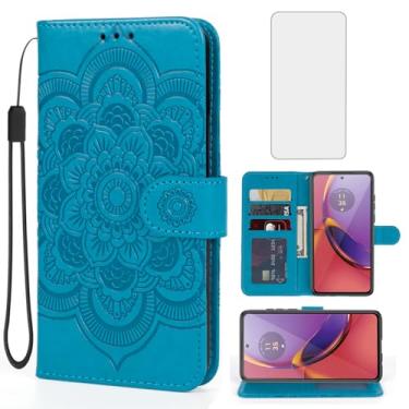 Imagem de Bohefo Capa para Moto G84, Motorola G84 XT2347 Capa carteira com protetor de tela de vidro temperado, capa flip de couro mandala com suporte para cartão de crédito para Motorola Moto G84 5G Azul