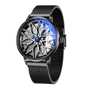 Imagem de SOLLEN Relógio de roda de carro masculino, movimento de quartzo japonês, ponteiros luminosos e resistentes à água de 3 ATM, mostrador estilo corrida e caixa de aço inoxidável, presente para