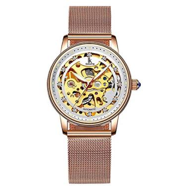 Imagem de Relógio de pulso feminino fashion esqueleto luxuoso casual automático mecânico luminoso à prova d'água, Ouro rosa, 36mm, Relógio esqueleto, mecânico, corda automática