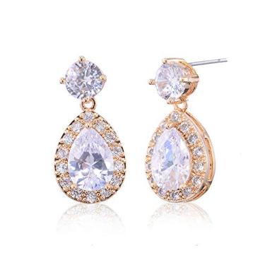 Imagem de Brincos CZ Teardrop Dangle femininos pequenos de prata esterlina halo redondo lágrima cristal zircônia cúbica pedra do mês casamento queda brincos para madrinha de casamento mãe da noiva presente Dourado