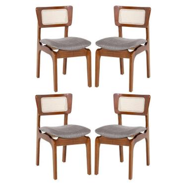 Imagem de Kit 4 Cadeiras De Jantar Portugal Madeira Imbuia Com Encosto Tela Rattan Linho Cinza L55