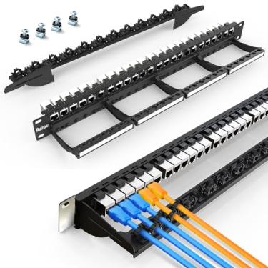 Imagem de Patch Panel 24 portas com conector Keystone Cat6 STP Rack de cabos frontal Gerenciamento inteligente de cabos para montagem em rack de 48.3 cm (CAT6 Keystone Jack blindado)