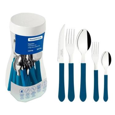 Imagem de Faqueiro Leme 20 Pçs Tramontina Jogo Talheres Aço Inox Azul, Azul, 20 