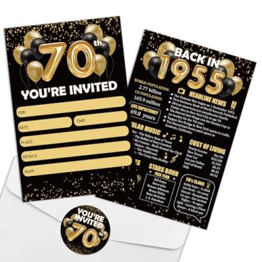 Imagem de REWIDPARTY Convites de aniversário de 70 anos de ouro preto com envelopes e adesivos (conjunto de 15) Back in 1955 Preencha convites 70º aniversário decoração presentes 70 anos suprimentos de festa de