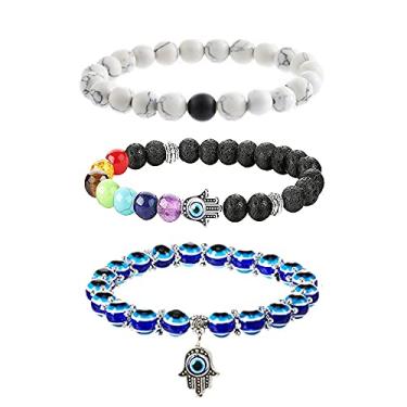 Imagem de Picano Pulseira com contas de pedra vulcânica de 8 mm, 7 chakras, olho turco, hamsa, pulseira elástica à mão, difusor de óleo essencial para homens e mulheres, liga metálica, Sem Pedra Preciosa