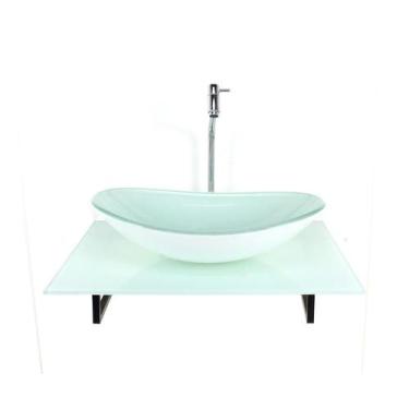 Imagem de Kit Cuba Vidro Oval Tampo 60Cm Branco Full E Suporte - Cubas E Gabinet