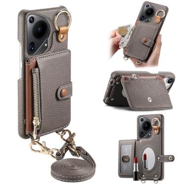 Imagem de Capa de telefone carteira transversal removível durável para Huawei Pura 70 Ultra, bolsa com zíper, suporte de anel, espelho integrado, compartimento para cartão, suporte de vários ângulos em elegante