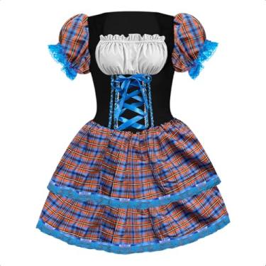 Imagem de Vestido Festa Junina Feminino Adulto Xadrez de Luxo com Saia Volumosa e Espartilho (Azul Turquesa, M 40-42)