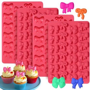 Imagem de Moldes de silicone Bow Chocolate, pacote com 4, 96 cavidades, mini laços, moldes de doces de açúcar, molde pop de bolo, faça você mesmo, enfeite de cupcake para decoração de bolo para festa de