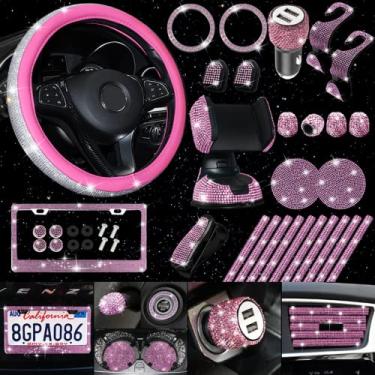 Imagem de Conjunto de 27 acessórios de carro brilhantes, capa de volante feminina com ajuste universal de 38 cm, moldura de placa, acabamentos de saída de ventilação de carro, carregador USB, suporte de