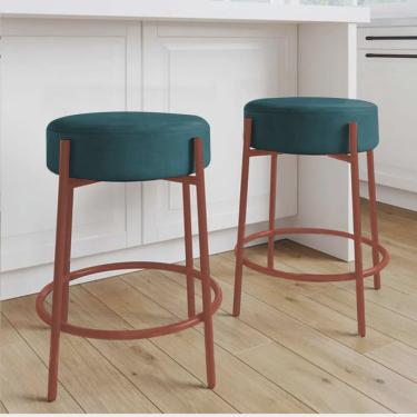 Imagem de Kit 02 Banquetas Alta Sintra 65cm Redonda Ferro Bronze Suede Azul Turquesa - Ahazzo Móveis