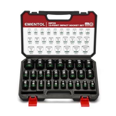 Imagem de EMENTOL Conjunto de soquetes de impacto de 1/5.1 cm, soquetes rasos, 26 peças, métrico (10-36 mm), 12 pontos, CR-MO, estampado e preenchido com tinta