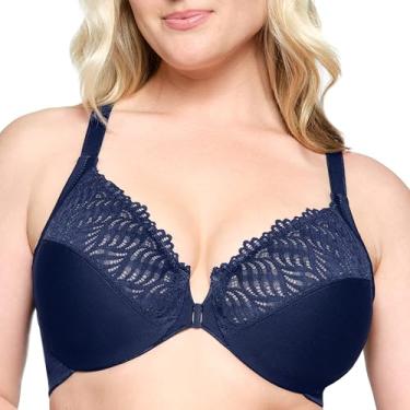 Imagem de Glamorise Sutiã feminino plus size com fecho frontal T-Back Wonderwire #1246, Azul, 44C
