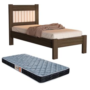 Imagem de Cama Solteiro Bela Com Painel Ripado E Com Colchão (Chocolate/OFF)