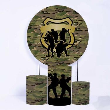 Imagem de  Kit Painel de Festa Redondo de 1,50m e Trio de Cilindros Camuflado - Fera Print