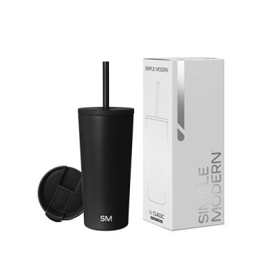 Imagem de Simple Modern Copo isolado com tampa e canudo | Copo de café gelado reutilizável garrafa de água de aço inoxidável caneca de viagem | Presentes de primavera para ela e ele | Coleção clássica | 590 ml | Preto meia-noite