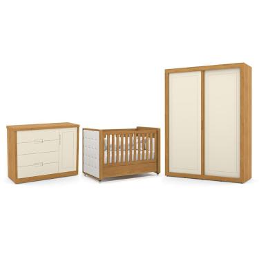 Imagem de Dormitório Tutto New 2 Portas, Cômoda 1 Porta e Berço com Capitonê - Matic Móveis Freijó/Off White