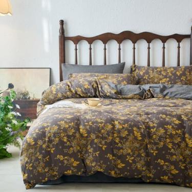 Imagem de mixinni Conjunto Queen de capa de edredom floral vintage - Jacquard dourado e cinza reversível, 100% algodão tingido com fio de camada dupla, respirável e luxuosa roupa de cama de fazenda (3 peças