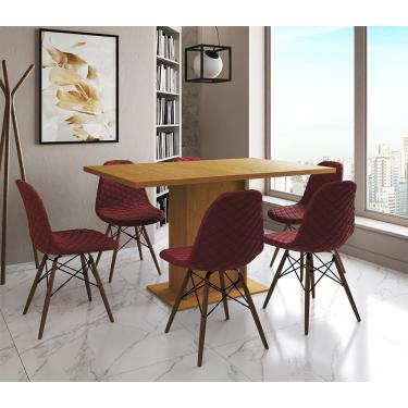 Imagem de Mesa Jantar Londres Retangular Canela 137X90Cm 6 Cadeiras Estofadas Vermelho Madeira
