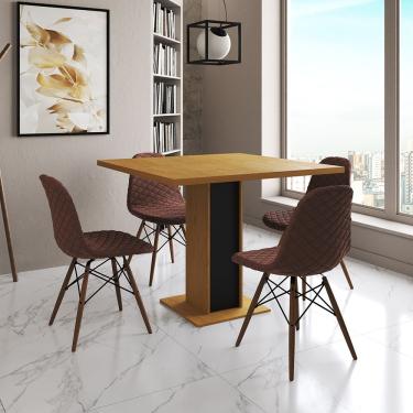 Imagem de Mesa Jantar Londres Quadrada Canela 90Cm Base Preta 4 Cadeiras Eames Estofadas Caramelo Madeira