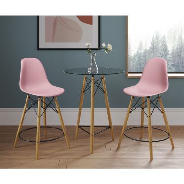 Imagem de Mesa Bistrô Eames Eiffel Vidro Com 2 Banquetas Rosas De Madeira - Cor: Rosa