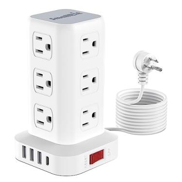 Imagem de SMALLRT Protetor De Surtos Torre Régua Energia Com 12 Tomadas Usb E 4 Portas (1 C), Cabo Extensão 3 Metros Plugue Plano, Extensor Múltiplas Tomadas, Proteção Contra Sobrecarga Para Escritório Domést