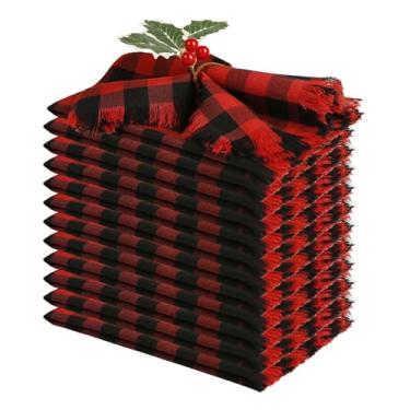 Imagem de LogHog Guardanapos De Jantar Artesanais Com Padrão Xadrez Buffalo E Franjas, Conjunto 12, 43X43 Cm, Vermelho/Preto, 100% Algodão, Tecido Macio, Lavável Para Decoração Mesa Natal/Natal