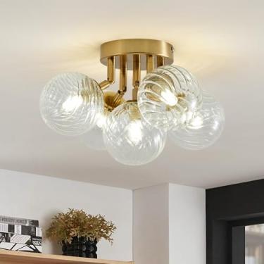 Imagem de NIUZDU Lustre Vintage De Teto Semi-Embutido Em Formato Bola Bolhas Meados Do Século, 5 Lâmpadas Latão E Vidro Soprado Transparente, Luminária Pendente Decorativa Globo Para Quarto