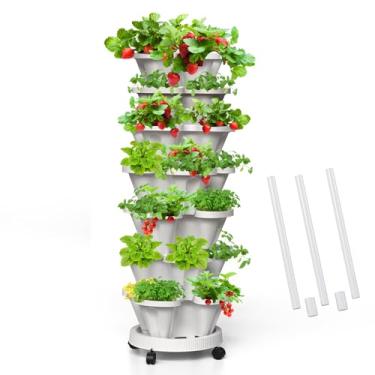 Imagem de Tectsia Jardineiras Verticais Para Morangos, Torre De Jardim Empilhável 7 Níveis Com Poste Suporte, Empilháveis Ervas E Vegetais, Ambientes Internos Externos - Branco