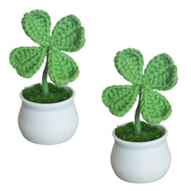 Imagem de Magicherry Trevo de quatro folhas feito à mão, crochê, vasos de plantas, 2 peças, trevo da sorte, planta artificial para o dia de São Patrício, decoração de painel de carro, decoração de mesa de