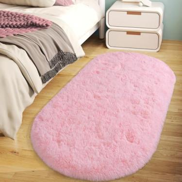 Imagem de Tapete macio e fofo para quarto, tapetes ovais felpudos rosa para cabeceira, tapete felpudo antiderrapante para quarto de meninas, crianças, dormitório, berçário, sala de estar, 7 x 14 cm