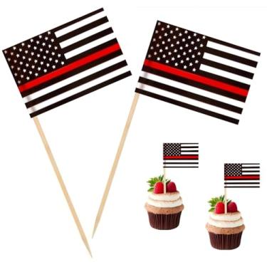 Imagem de 100 peças bandeira de palito de bombeiro de linha vermelha fina dos EUA, palitos de coquetel, mini palito, topos de cupcake, palitos de país, decoração de festa, celebração, coquetel, comida, bar,