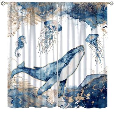 Imagem de Cortinas náuticas de baleia para cozinha, tema do mar, oceano, submarino, azul, dourado, mármore, cavalo-marinho, água-viva, animal náutico, tratamentos de janela, estampa para crianças, meninos
