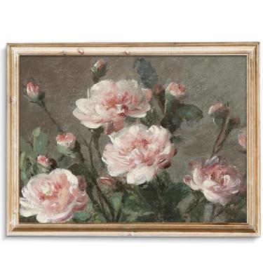 Imagem de uniro Flor vintage rosa suave pintura de parede casa de campo decoração de parede coquete rosa país pintura botânica retrô rosa arte de parede para quarto banheiro decoração de sala de estar