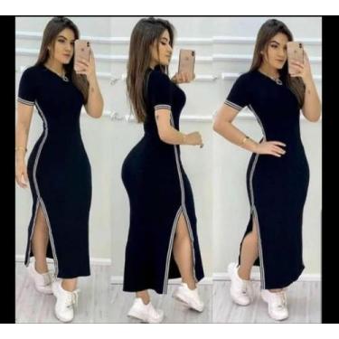 Imagem de Vestido feminino longo manga curta detalhe listra e fenda na lateral m