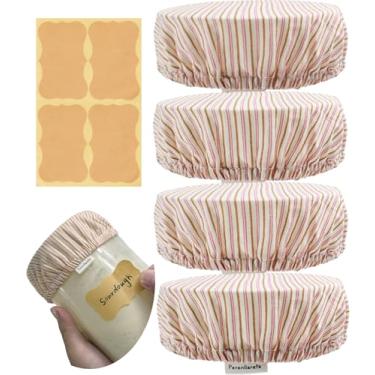Imagem de Perenllareta Tampa de pano reutilizável para potes de massa azeda, embalagem com 4 recipientes de fermentação de pão de algodão, tampas de tecido elástico para potes Weck Mason Kombucha de 8 a 10 cm