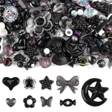 Imagem de 150 peças de contas de acrílico pastel para fazer joias, Kalolary laço preto borboleta flor contas kawaii plástico coração contas fofas macaroon estético para crianças colar pulseira DIY (preto)