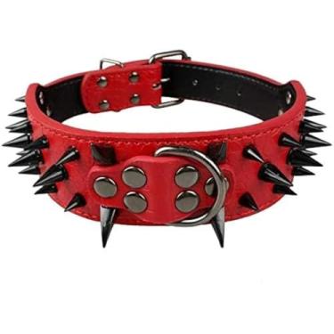 Imagem de Izefia Coleira para cães preta afiada cravejada luxuosa coleira de couro acolchoada para cães médios e grandes - 5 cm de largura colar antimordida (M, vermelho--BK)