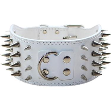 Imagem de Coleira para cachorro haoyueer de couro afiado de 7,6 cm para treino, esportes, caminhadas, médio, grande, GG, para Pitbull, Labrador, Boxer (branca, M)