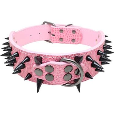 Imagem de Izefia Coleira para cães preta afiada cravejada luxuosa coleira de couro acolchoada para cães médios e grandes - 5 cm de largura colar antimordida (P, rosa brilhante-BK)