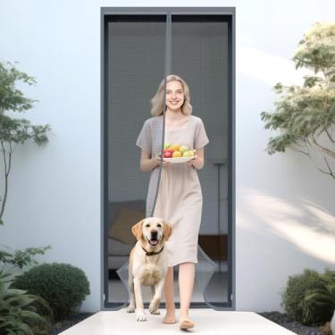 Imagem de ABXMAS Porta de tela magnética 91.4 cm x 203.2 cm cinza, tela de tela magnética para porta com fivelas opção ficar aberta, tela reforçada resistente, autovedação, mãos livres